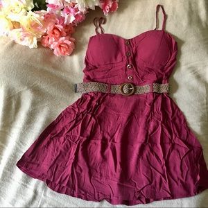 Button Top Spaghetti Strap Belted Dress